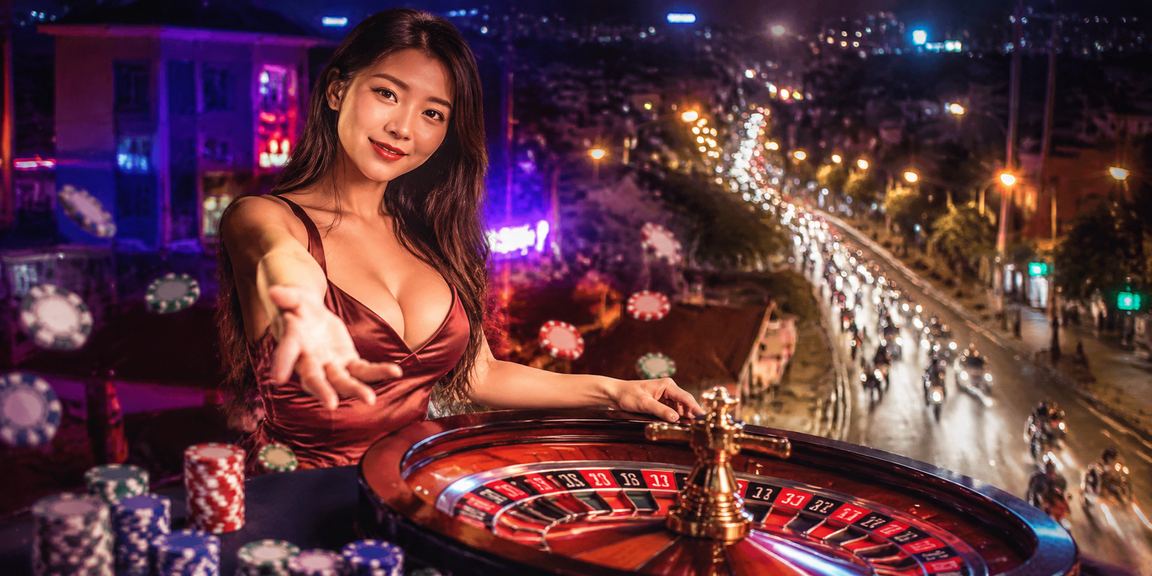 Bàn roulette neon rực rỡ tại Đà Lạt về đêm trong không khí giải trí sôi động
