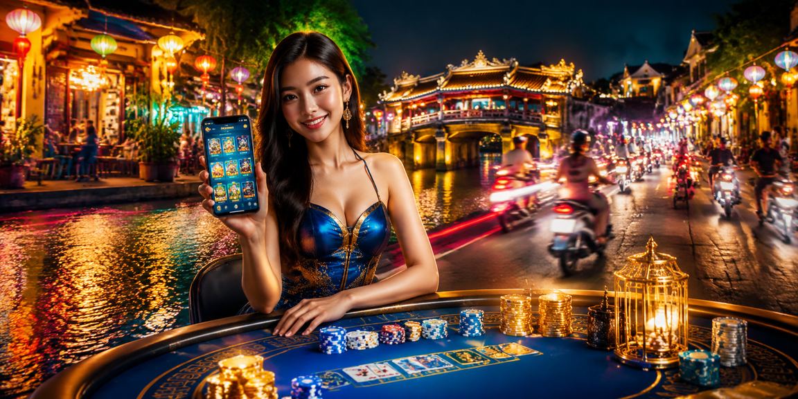 Người dùng chơi casino trên điện thoại di động tại chợ đêm Hội An